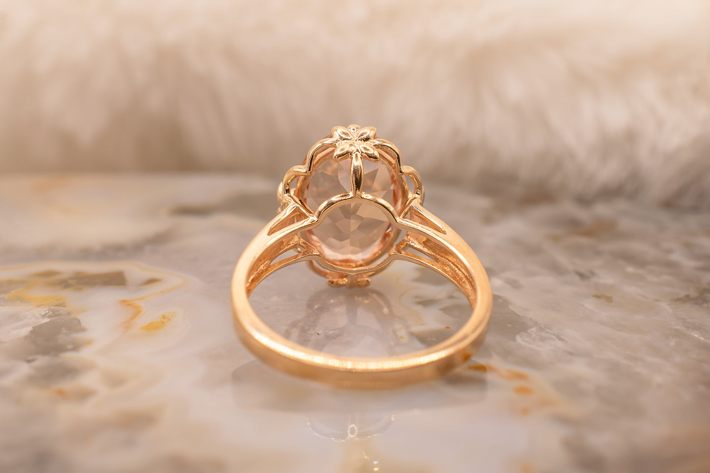 Estate 14K Rose Gold Oval Shaped 5.52 Carat Morganite Ring With Flower Motifs and Scalloped Design Size 8