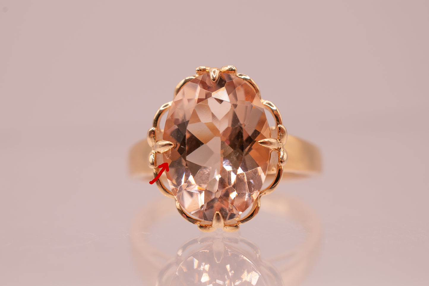 Estate 14K Rose Gold Oval Shaped 5.52 Carat Morganite Ring With Flower Motifs and Scalloped Design Size 8