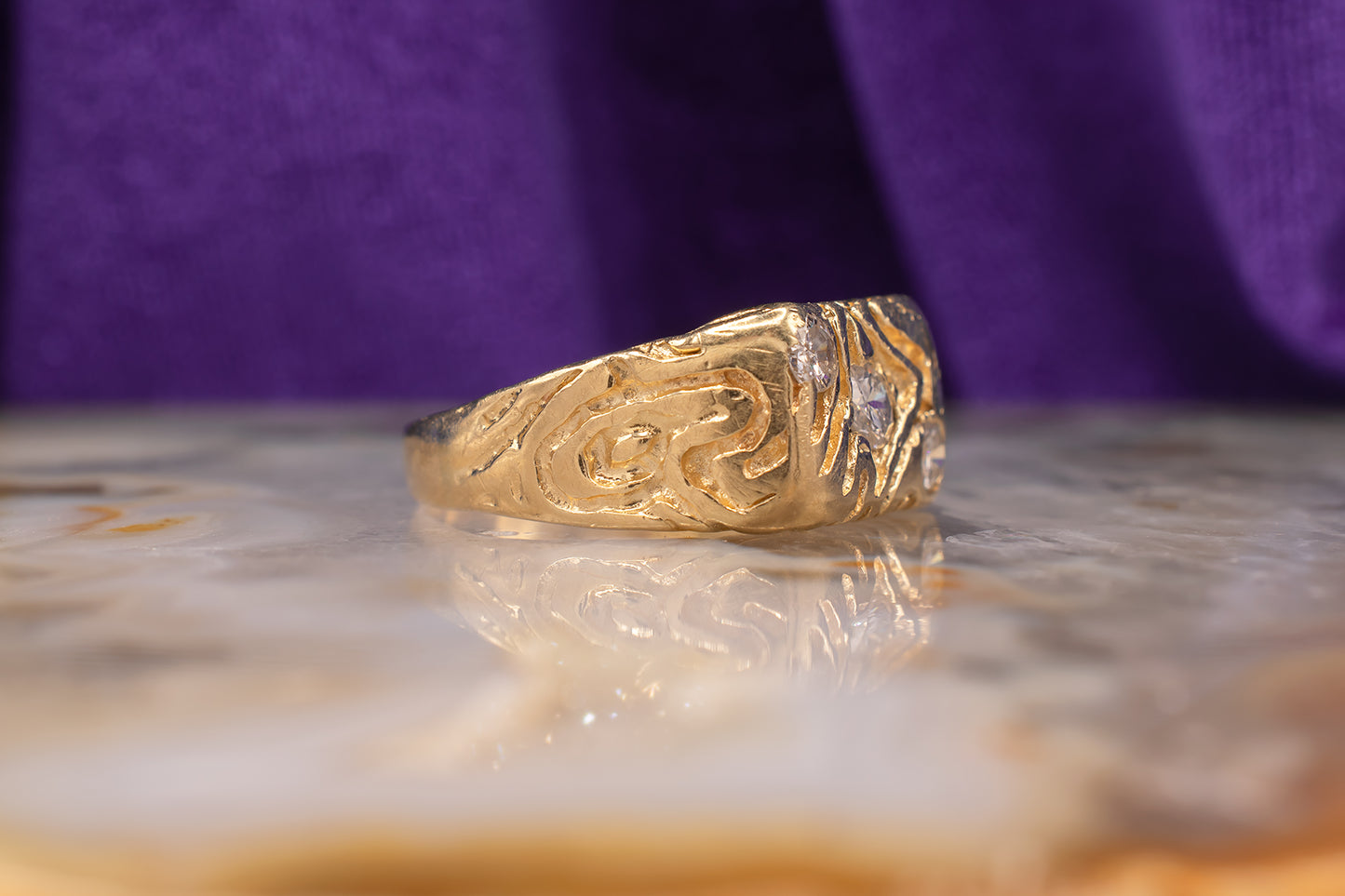 Vintage 14KT Yellow Gold Abstract Unisex Three Stone Diamond Statement Ring Size 7 Circa 80s