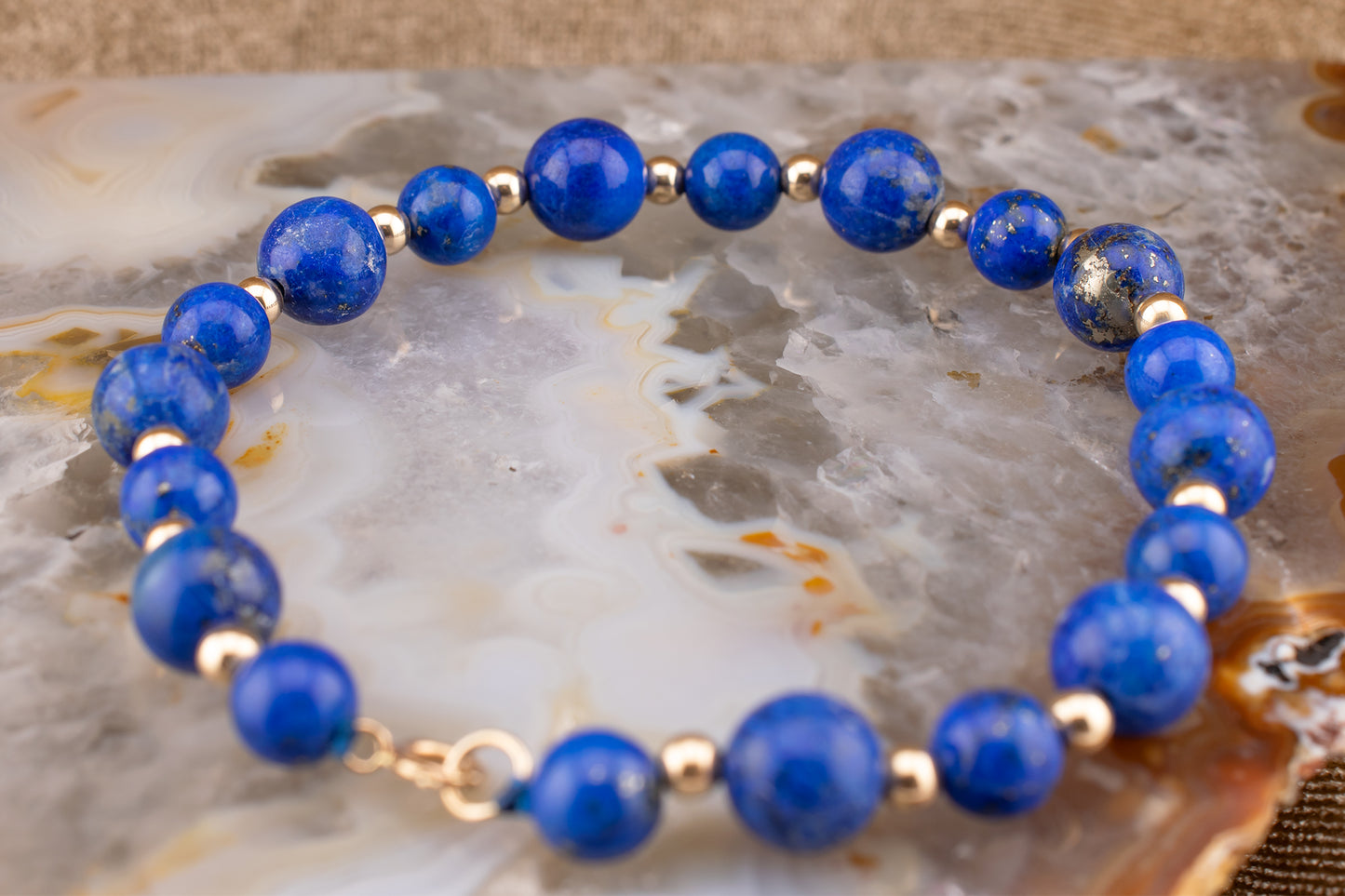 Vintage 14KT Yellow Gold Lapis Lazuli Bead Bracelet 7 Inches