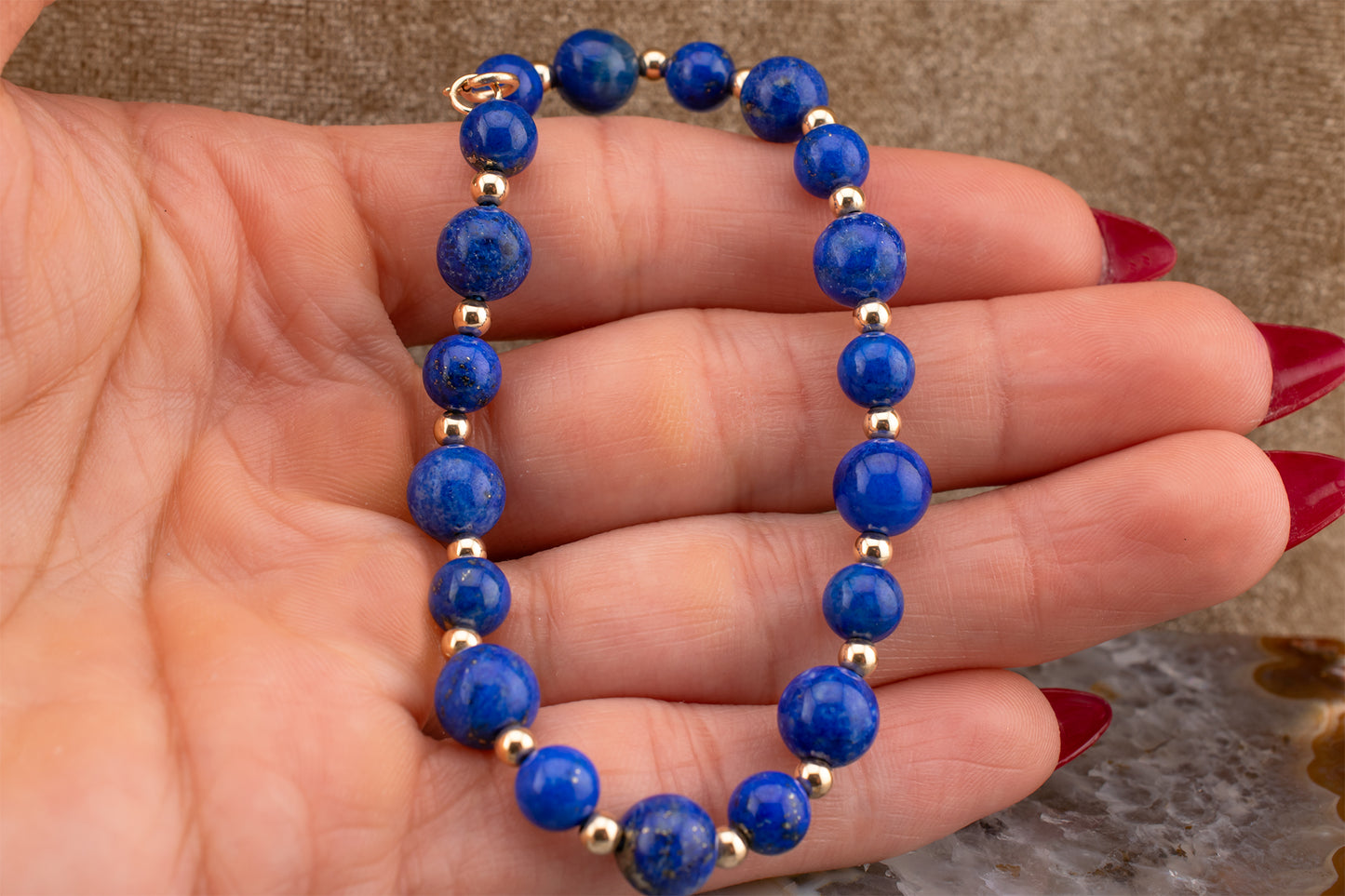 Vintage 14KT Yellow Gold Lapis Lazuli Bead Bracelet 7 Inches