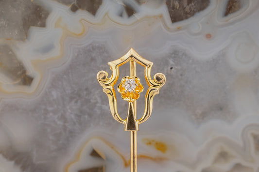Vintage 14KT Yellow Gold Old Mine Cut Diamond Shield Stick Pin Circa 1950s