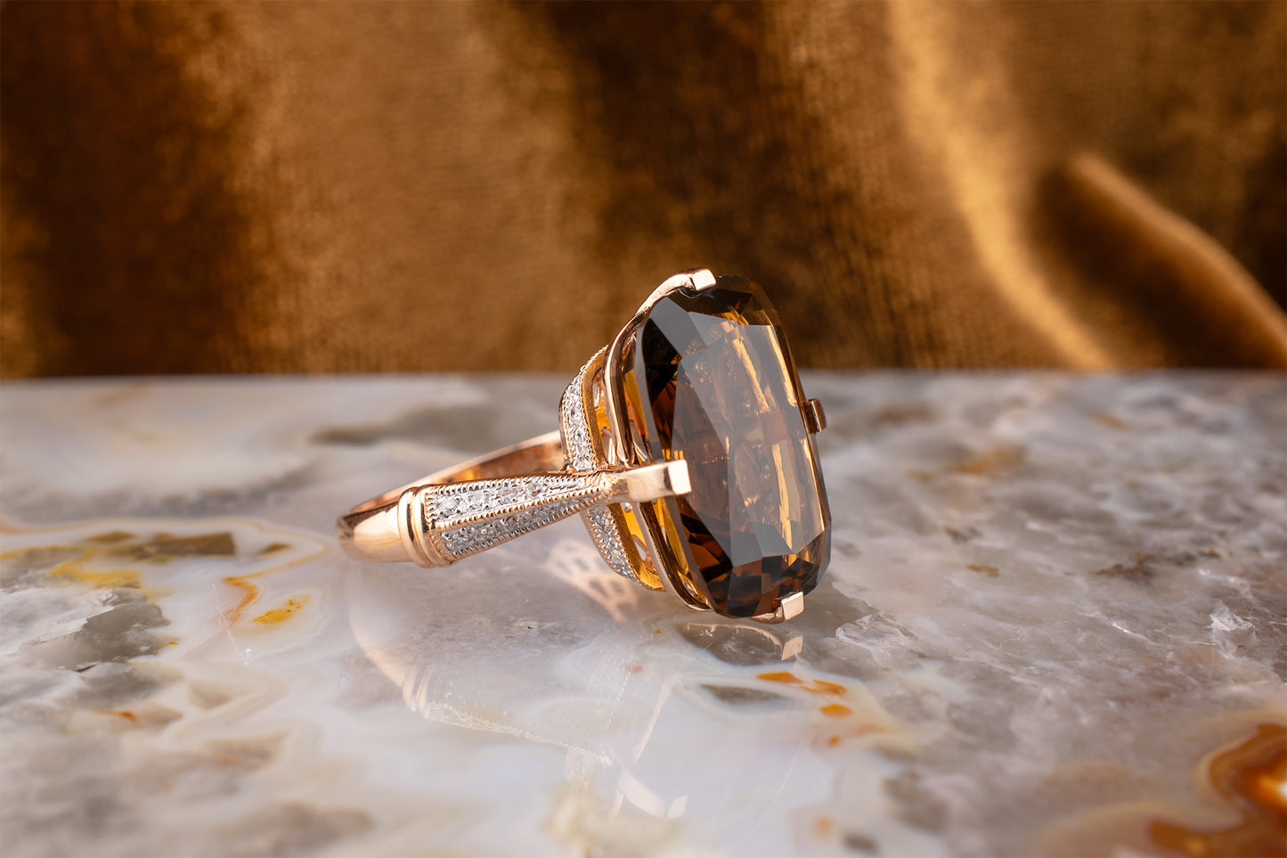 Vintage Estate 14KT Rose Gold 14.10 carat Elongated Cushion Cut Smoky Quartz And Diamond Cocktail Ring Size 7 3/4