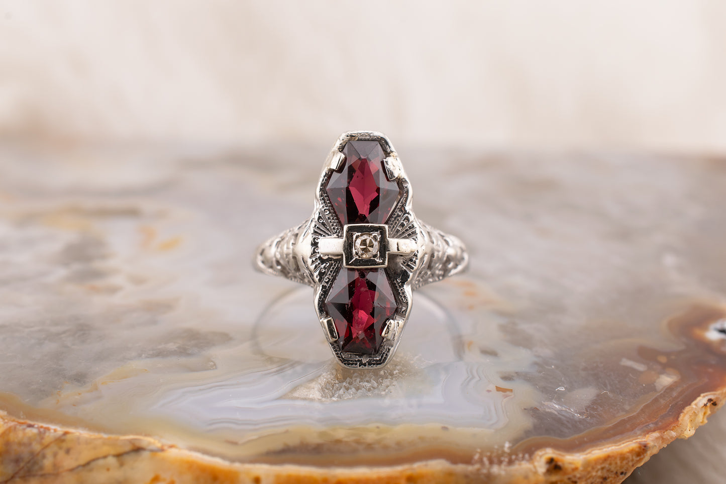 Art Deco Vintage 14 Karat White Gold Double Shield Cut Rhodolite Garnet 1.86 Carats Ring Circa 1930s