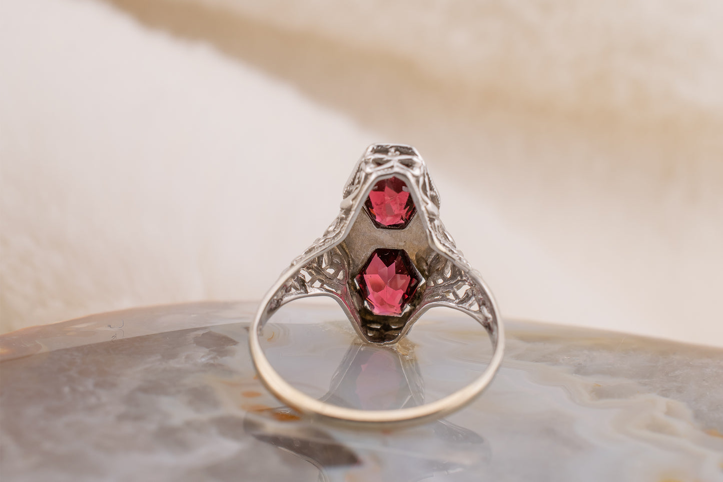 Art Deco Vintage 14 Karat White Gold Double Shield Cut Rhodolite Garnet 1.86 Carats Ring Circa 1930s