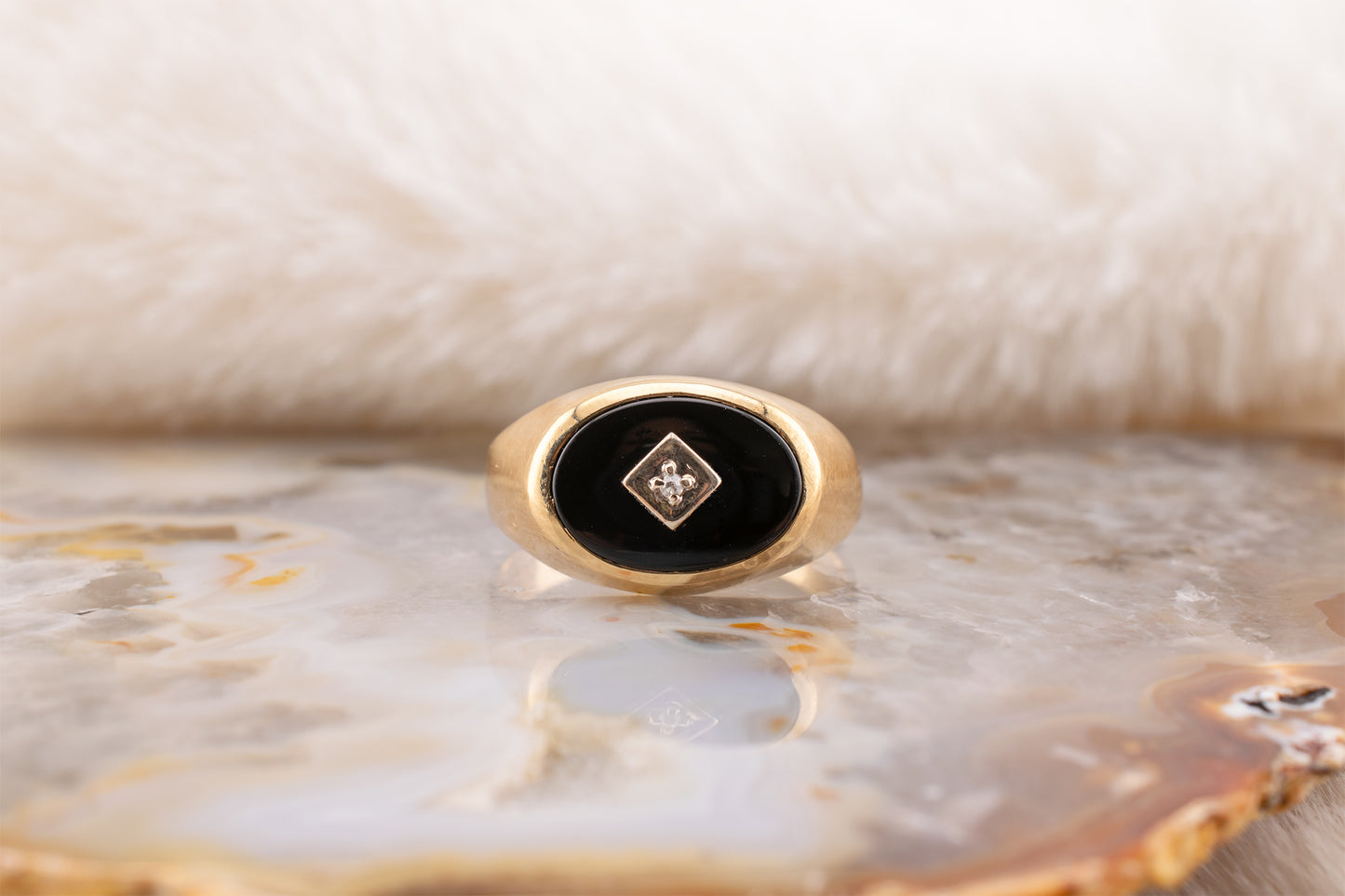 Vintage 10 Karat Yellow Gold Men's/Unisex Oval Black Onyx And Diamond Signet Ring Size 10 3/4 Circa 1970s