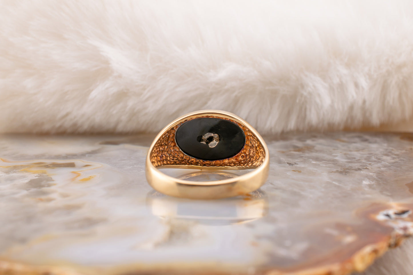 Vintage 10 Karat Yellow Gold Men's/Unisex Oval Black Onyx And Diamond Signet Ring Size 10 3/4 Circa 1970s