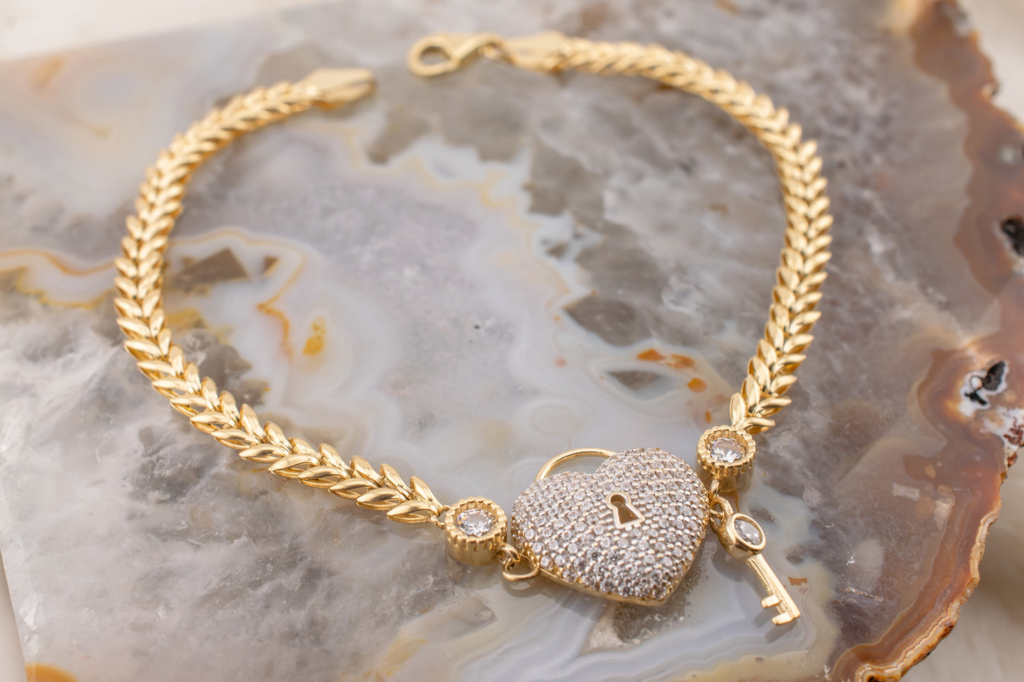 Vintage 14 Karat Yellow Gold Heart Padlock Pave & Bezel Set Diamond Simulant Chevron Link Bracelet 7 1/2 Inches