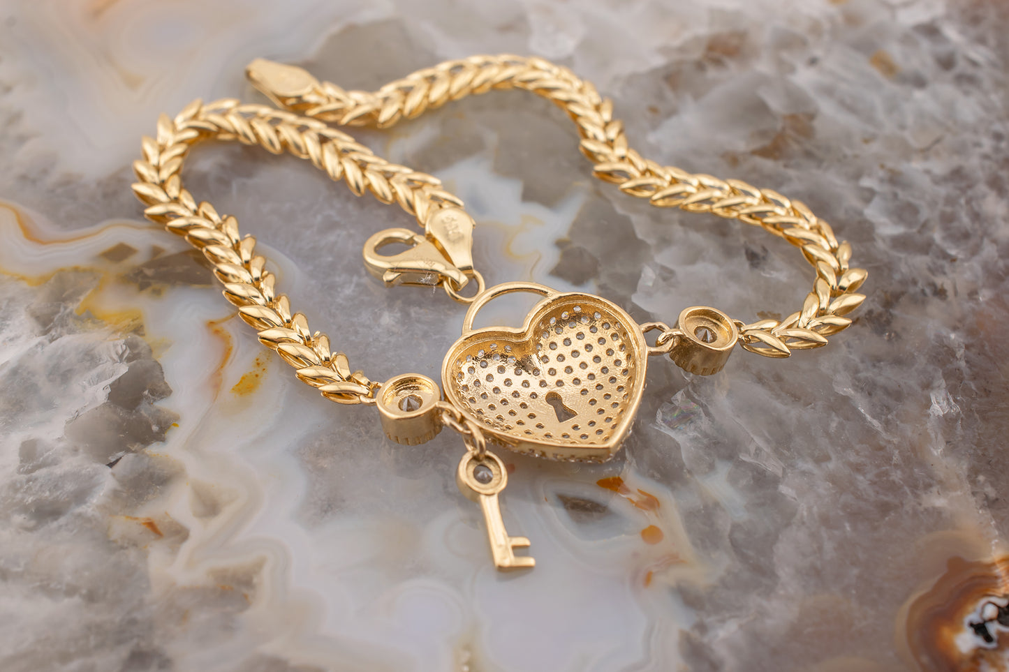 Vintage 14 Karat Yellow Gold Heart Padlock Pave & Bezel Set Diamond Simulant Chevron Link Bracelet 7 1/2 Inches