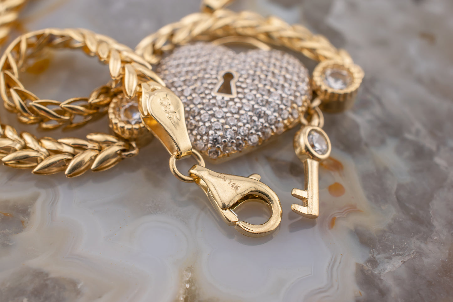Vintage 14 Karat Yellow Gold Heart Padlock Pave & Bezel Set Diamond Simulant Chevron Link Bracelet 7 1/2 Inches