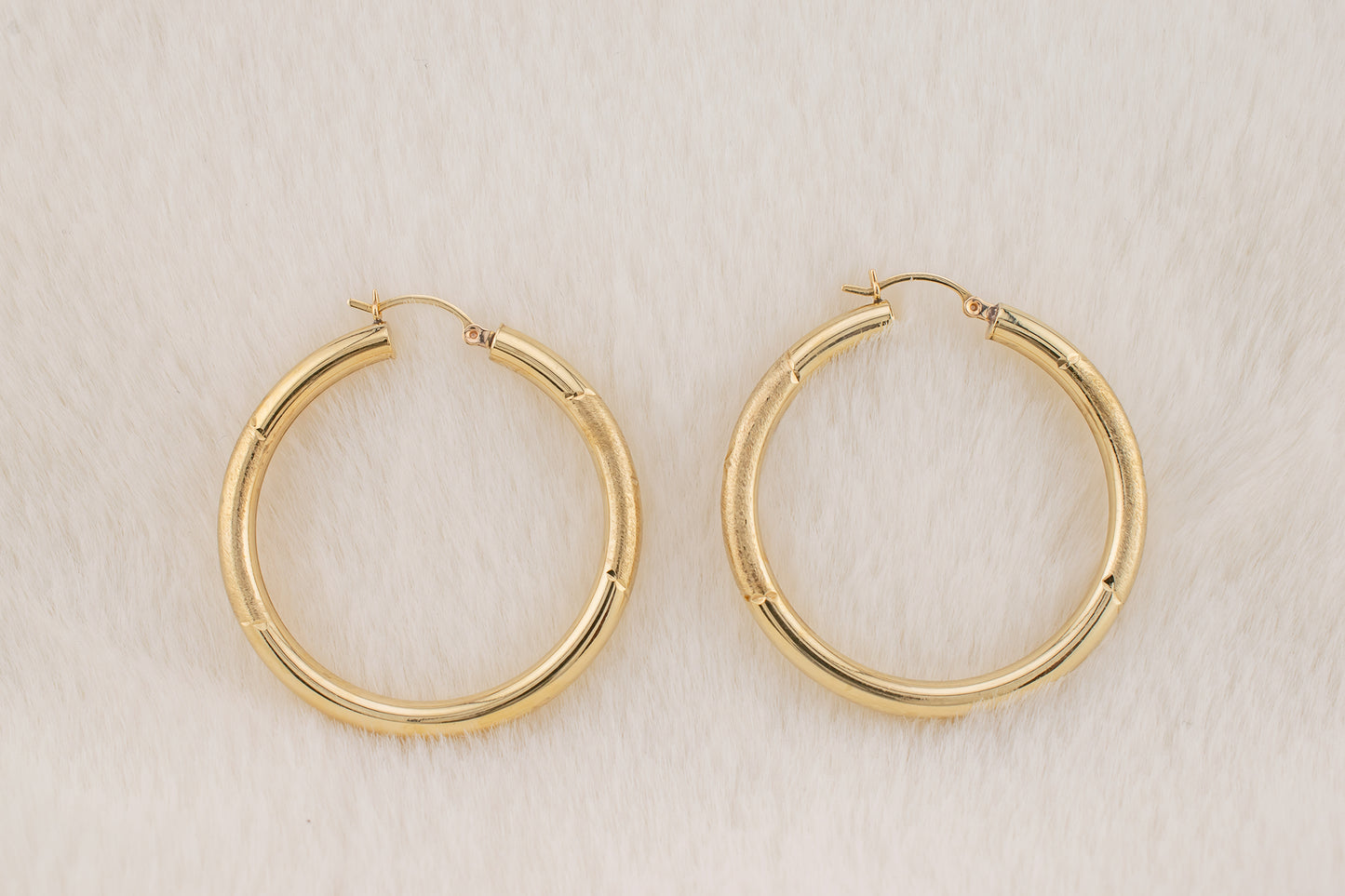 90s Vintage 14 Karat Yellow Gold Diamond Cut, Brushed Finish, High Polish Hoop Earrings 41mm