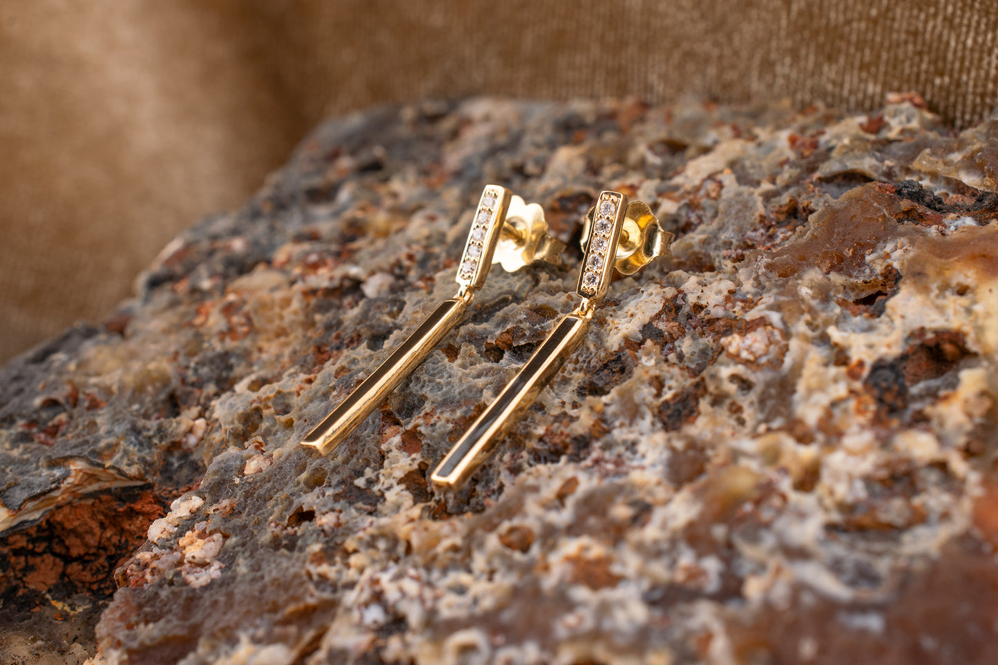 14K Yellow Gold Diamond & Black Enamel Bar Dangle Earrings