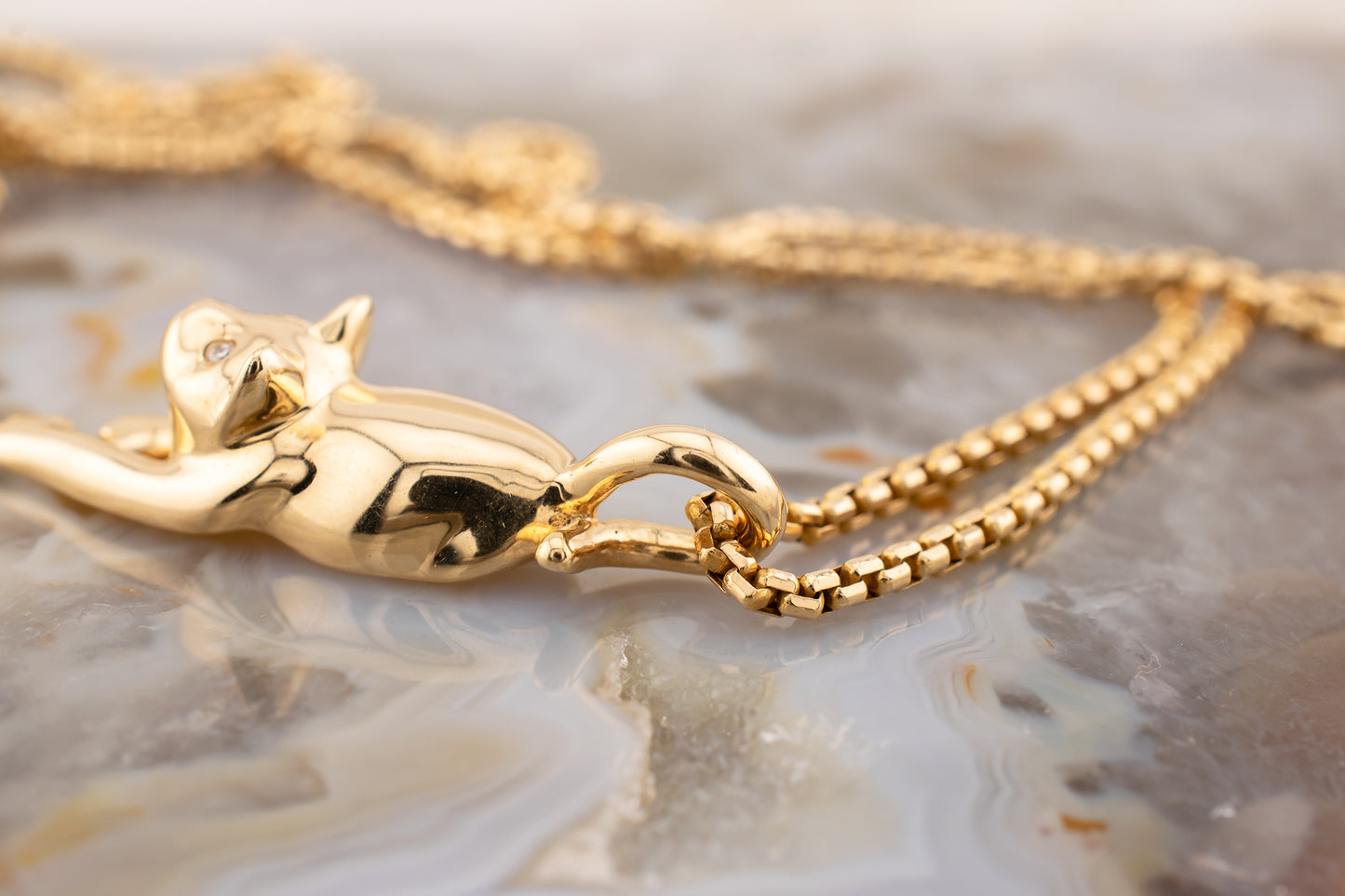 Vintage Estate 14 Karat Yellow Gold Prowling Cat With 0.01 Carat Diamond Eyes Adjustable 1.7mm 18 Inch Round Box Chain