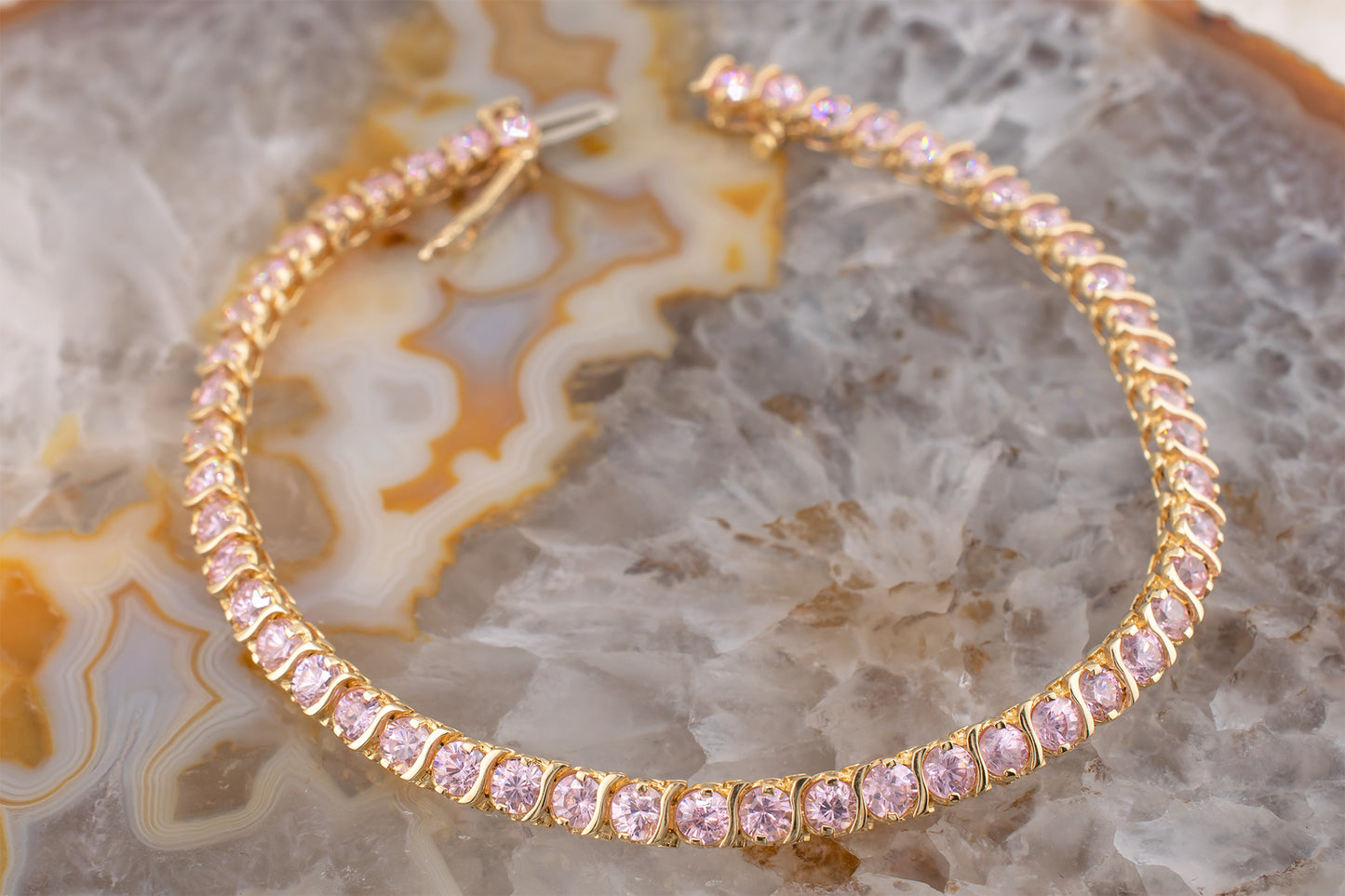 Vintage 14 Karat Yellow Gold Baby Pink 3mm Diamond Simulant Cubic Zirconia S-Design Tennis Line Bracelet 7 Inches Long