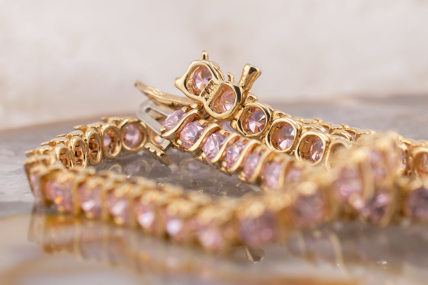 Vintage 14 Karat Yellow Gold Baby Pink 3mm Diamond Simulant Cubic Zirconia S-Design Tennis Line Bracelet 7 Inches Long