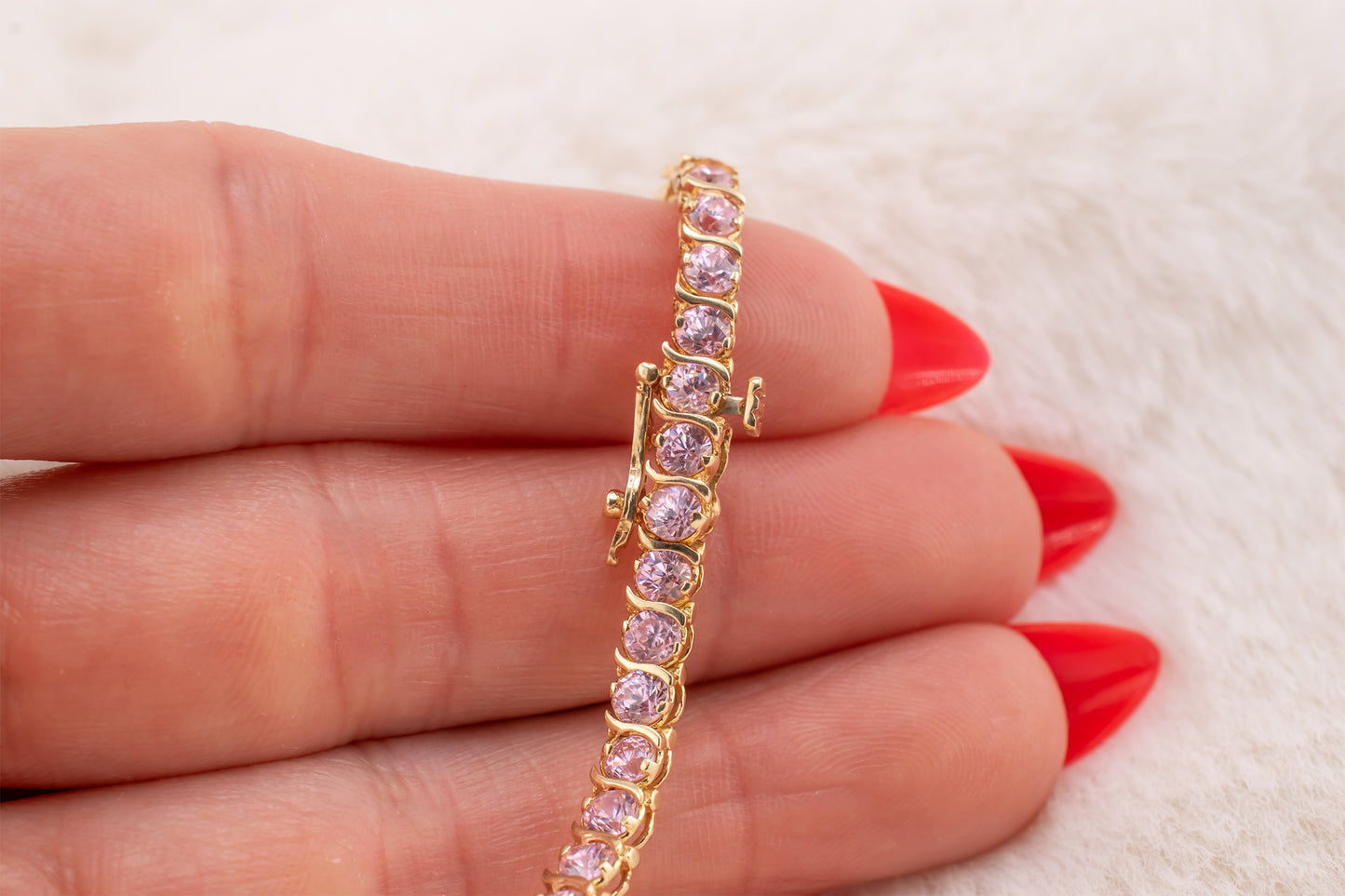 Vintage 14 Karat Yellow Gold Baby Pink 3mm Diamond Simulant Cubic Zirconia S-Design Tennis Line Bracelet 7 Inches Long