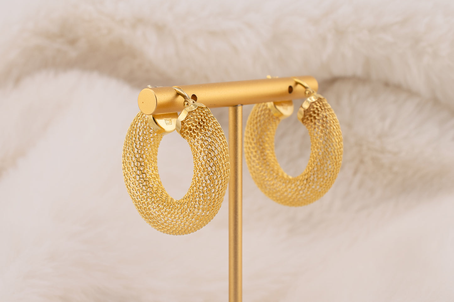 Circa Early 2000s Vintage 14 Karat Yellow Gold Thick Mesh Contemporary Style Hoop Earrings 7.1mm Wide