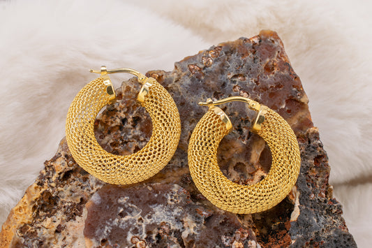 Circa Early 2000s Vintage 14 Karat Yellow Gold Thick Mesh Contemporary Style Hoop Earrings 7.1mm Wide