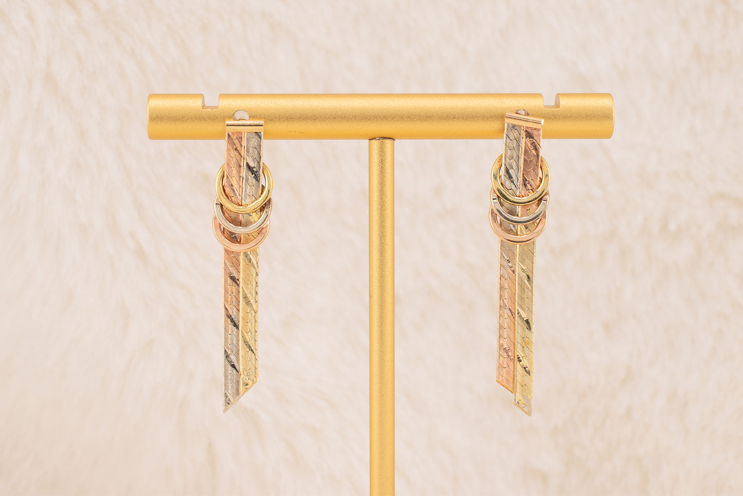 Upcycled Vintage Handmade 14 Karat Tri Color Rose Gold White Gold Yellow Gold Herringbone Interlocking Circle Drop Earrings