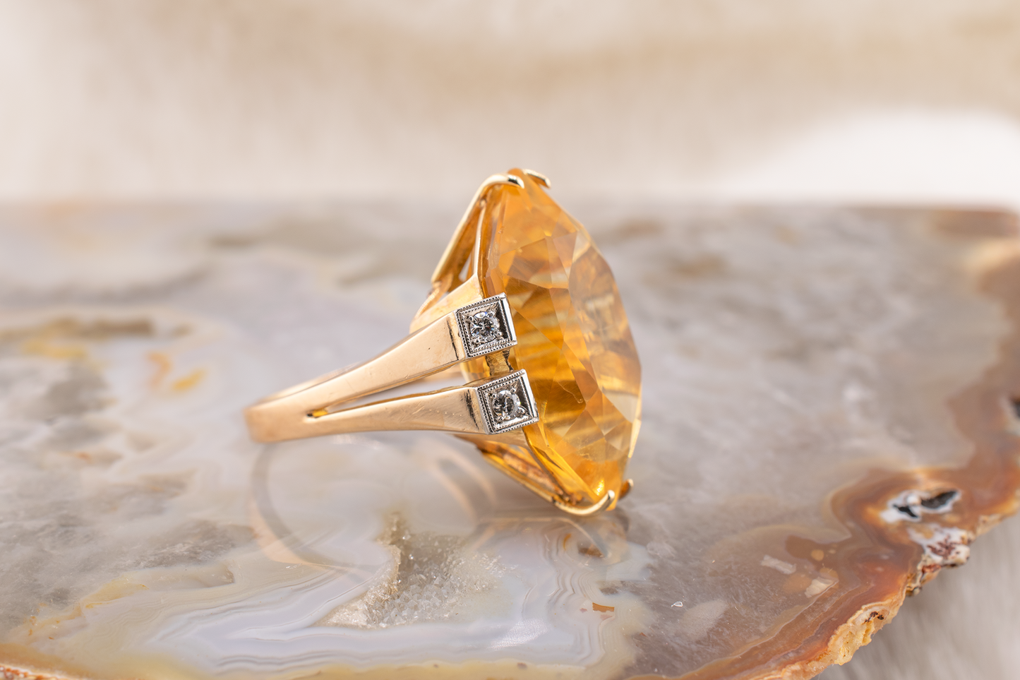 Art Deco Vintage 14 Karat Yellow Gold 16.35 Carat Geometric Marquise Citrine and 0.16 CTW Diamond Ring Size 6