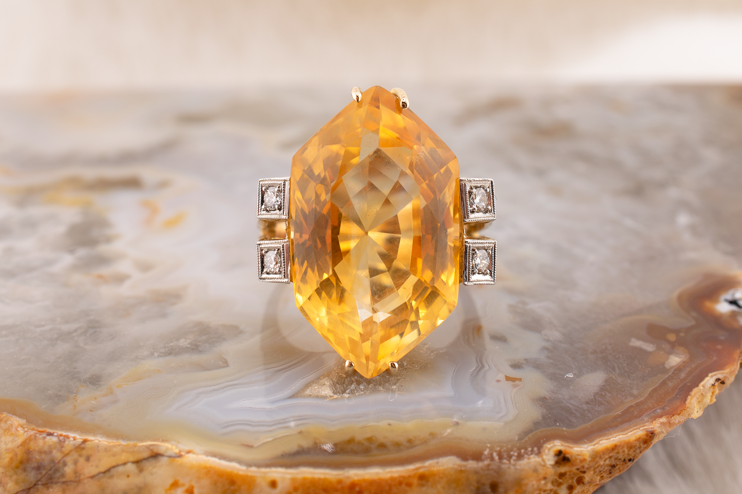 Art Deco Vintage 14 Karat Yellow Gold 16.35 Carat Geometric Marquise Citrine and 0.16 CTW Diamond Ring Size 6