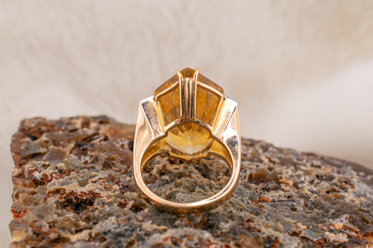 Art Deco Vintage 14 Karat Yellow Gold 16.35 Carat Geometric Marquise Citrine and 0.16 CTW Diamond Ring Size 6