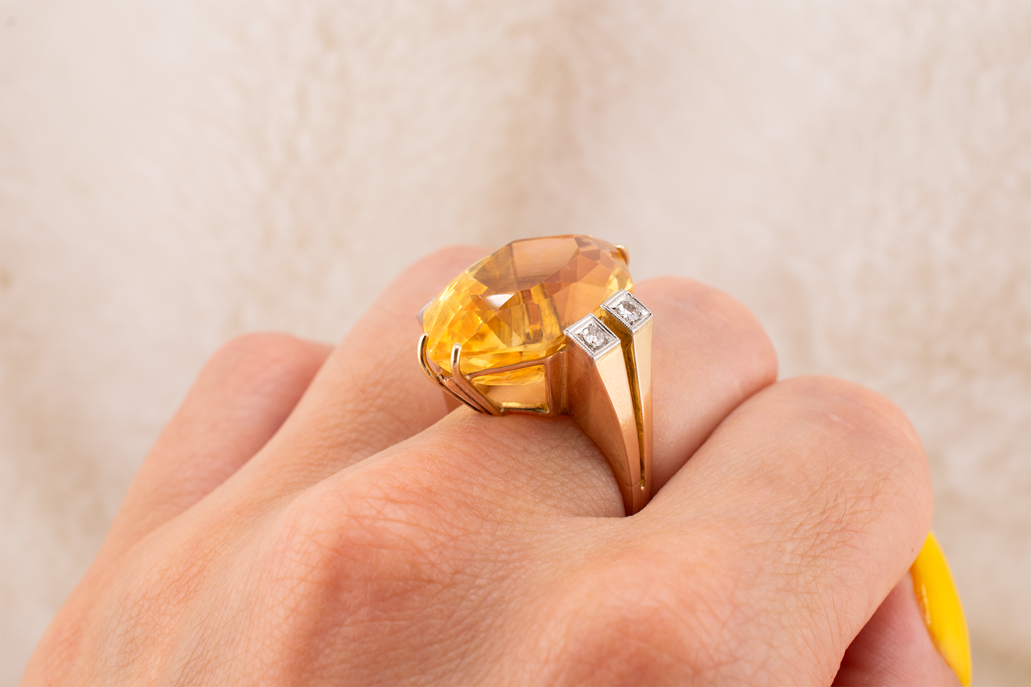 Art Deco Vintage 14 Karat Yellow Gold 16.35 Carat Geometric Marquise Citrine and 0.16 CTW Diamond Ring Size 6