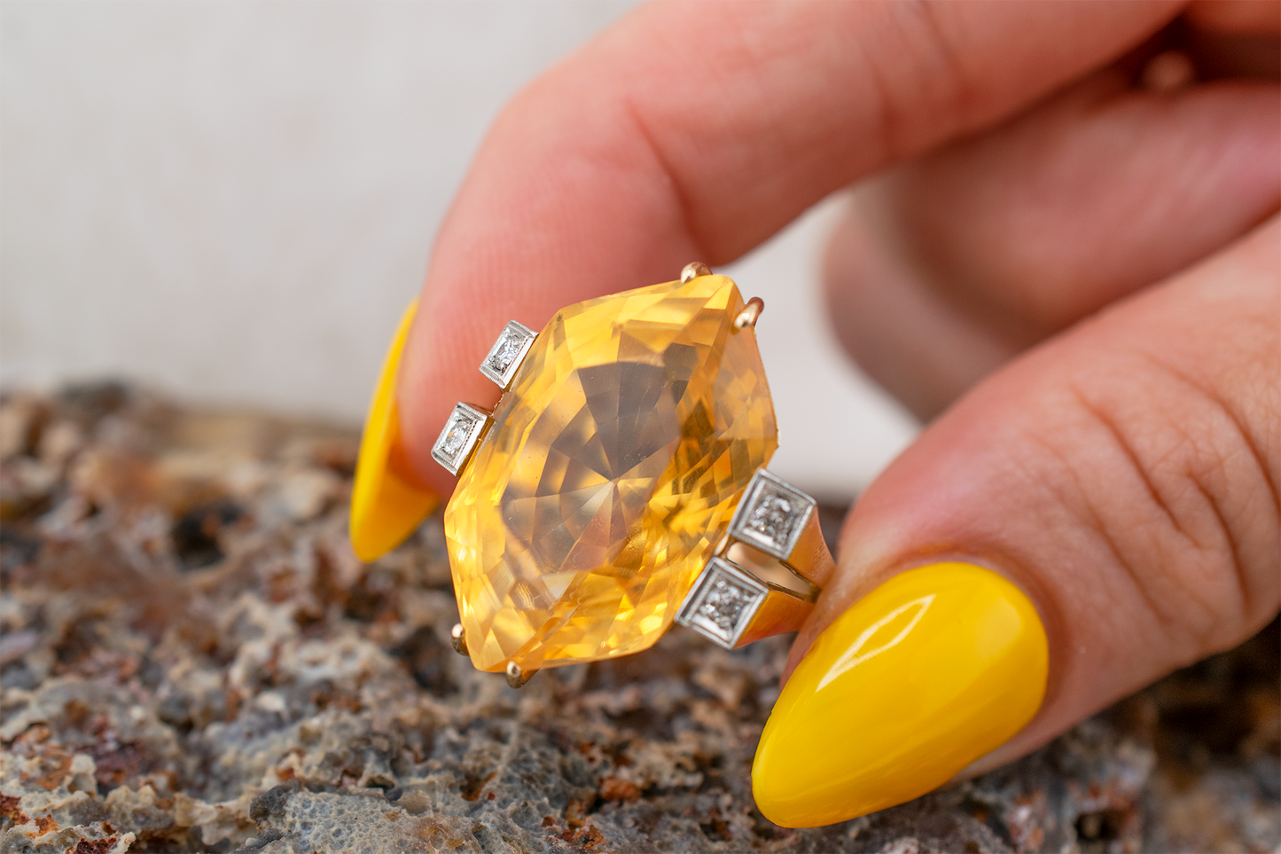 Art Deco Vintage 14 Karat Yellow Gold 16.35 Carat Geometric Marquise Citrine and 0.16 CTW Diamond Ring Size 6