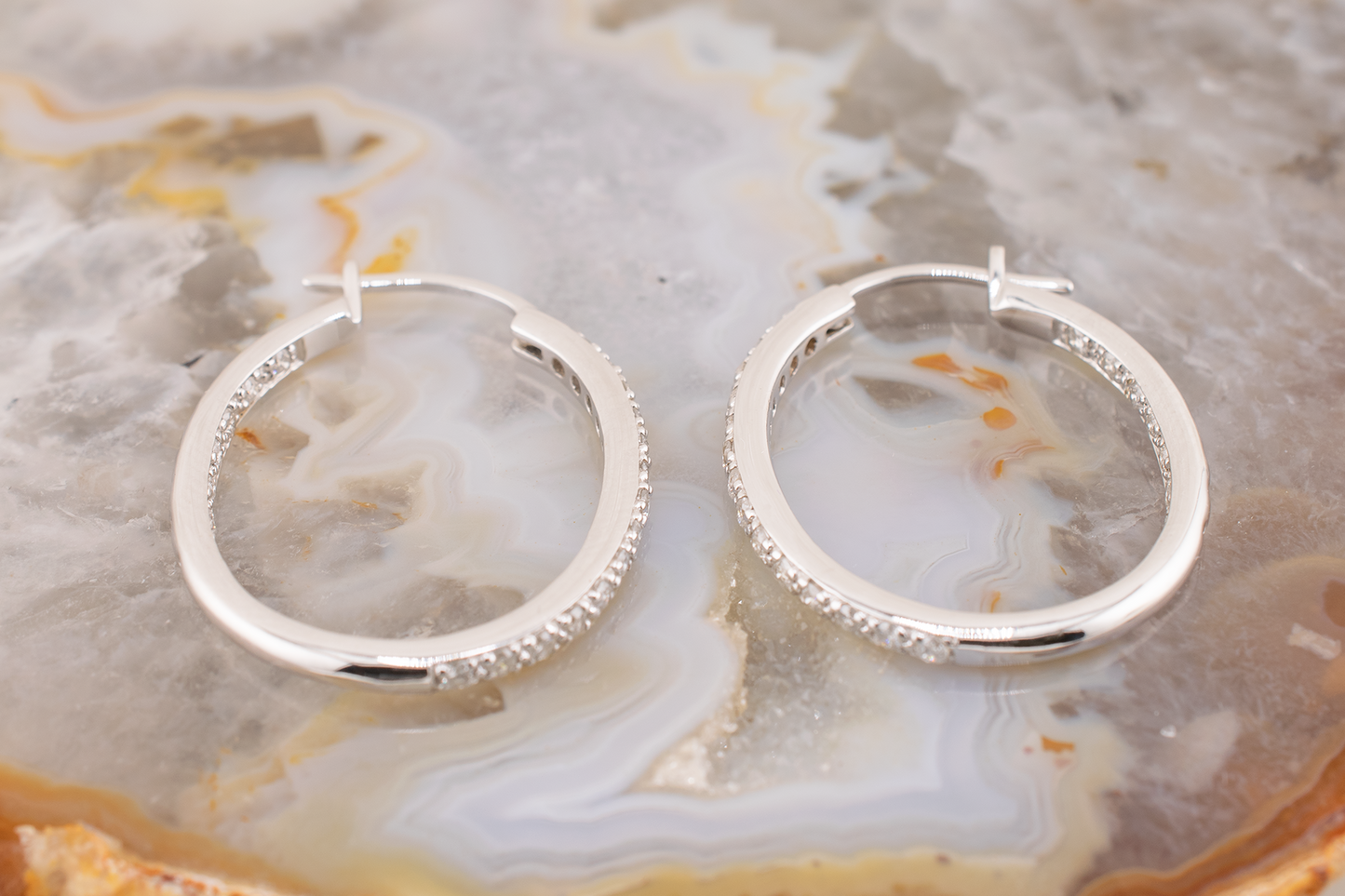 Vintage 14K White Gold Oval Inside Out Hoop Earrings with Pave Set Diamonds