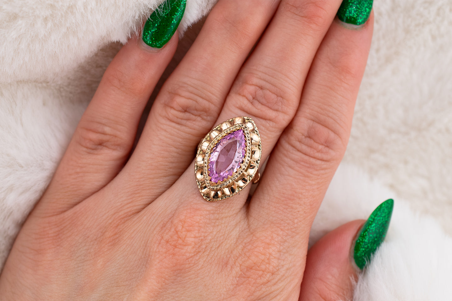 Circa 1950s-1960s Vintage 10 Karat Yellow Gold 3.73 Carat Marquise Shape Lab Grown Pink Sapphire Scalloped Cocktail Ring