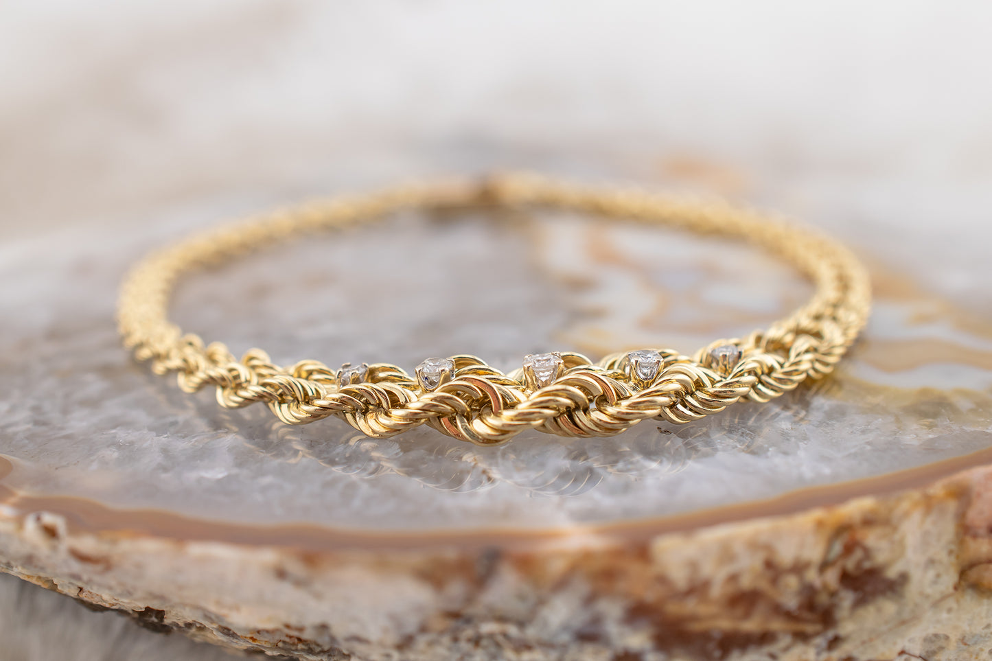 Vintage 14 Karat Yellow Gold Braided Rope 0.21 Carat Round Brilliant Diamond Bracelet 7.5 Inches