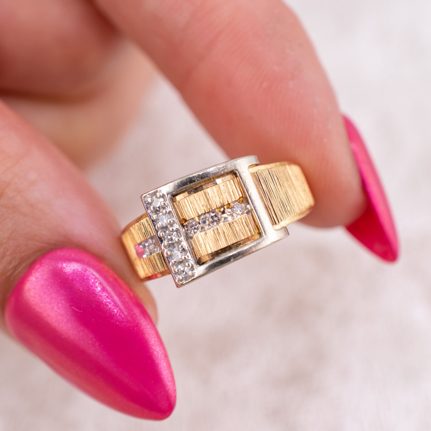 Retro 1950s–1960s Vintage 14K Yellow Gold Diamond Buckle Ring Textured Design