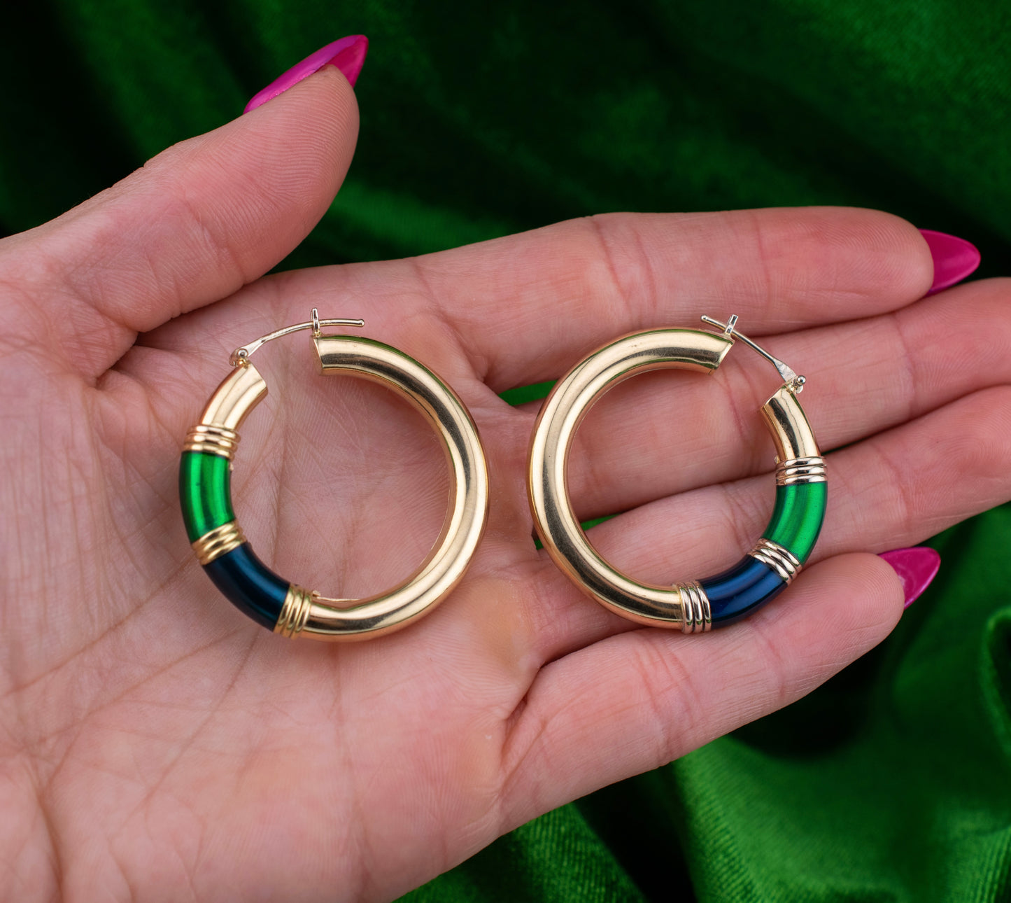 Vintage 14K Gold Blue Green Enamel Hoop Earrings Italian 1990s