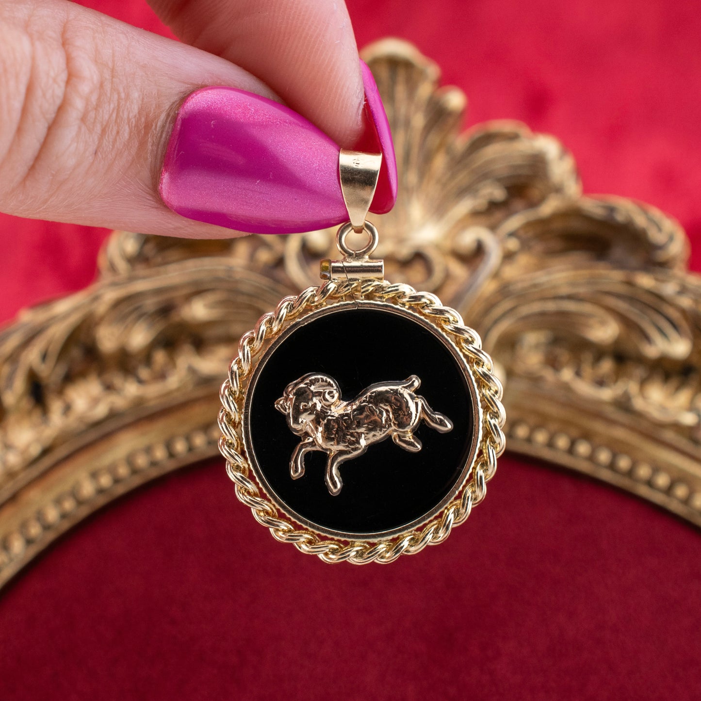 Vintage 14K Yellow Gold Aries Zodiac Pendant with Black Onyx and Rope Bezel Circa 80s-90s