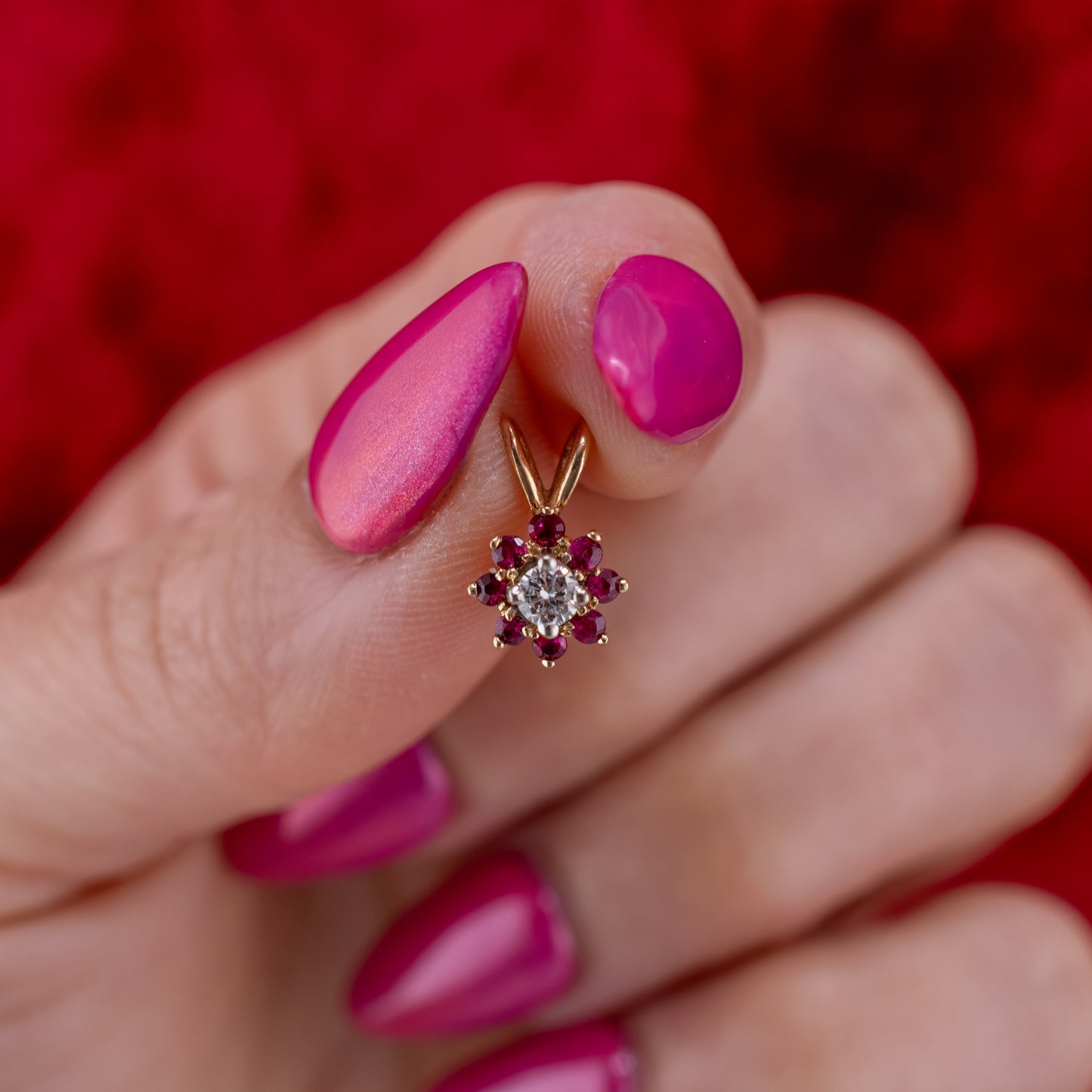 Vintage 70s-80s 14K Yellow Gold Diamond and Ruby Flower Pendant Petite Cluster Charm