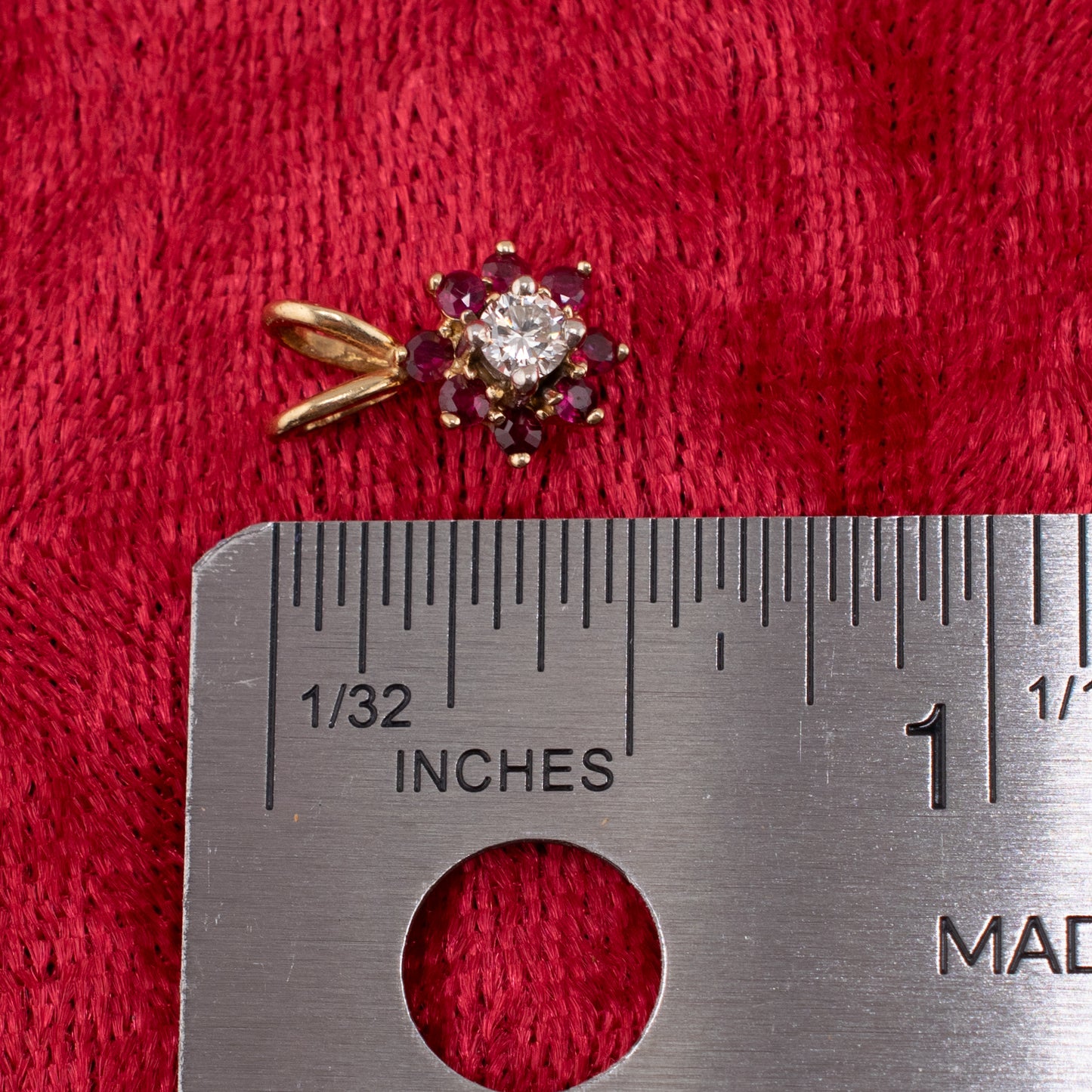 Vintage 70s-80s 14K Yellow Gold Diamond and Ruby Flower Pendant Petite Cluster Charm