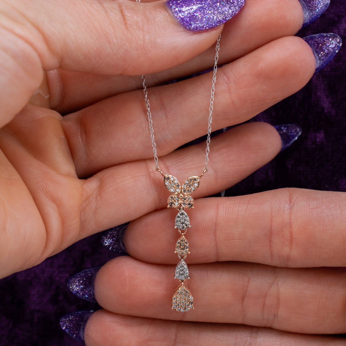 Vintage 10k White & Rose Gold Diamond Butterfly Drop Necklace 0.39ctw Two Tone 18"