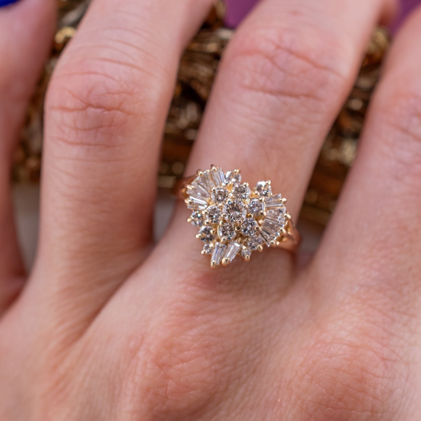 Vintage 14K Yellow Gold Round & Baguette Diamond Heart Ring 1.04 CTW