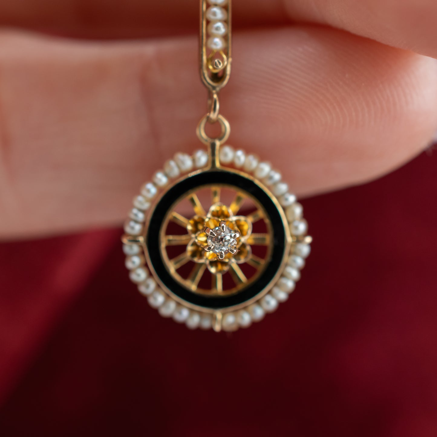 Antique Edwardian 10K Gold Lavalier Pendant Old Mine Cut Diamond Seed Pearl Black Enamel Pendant