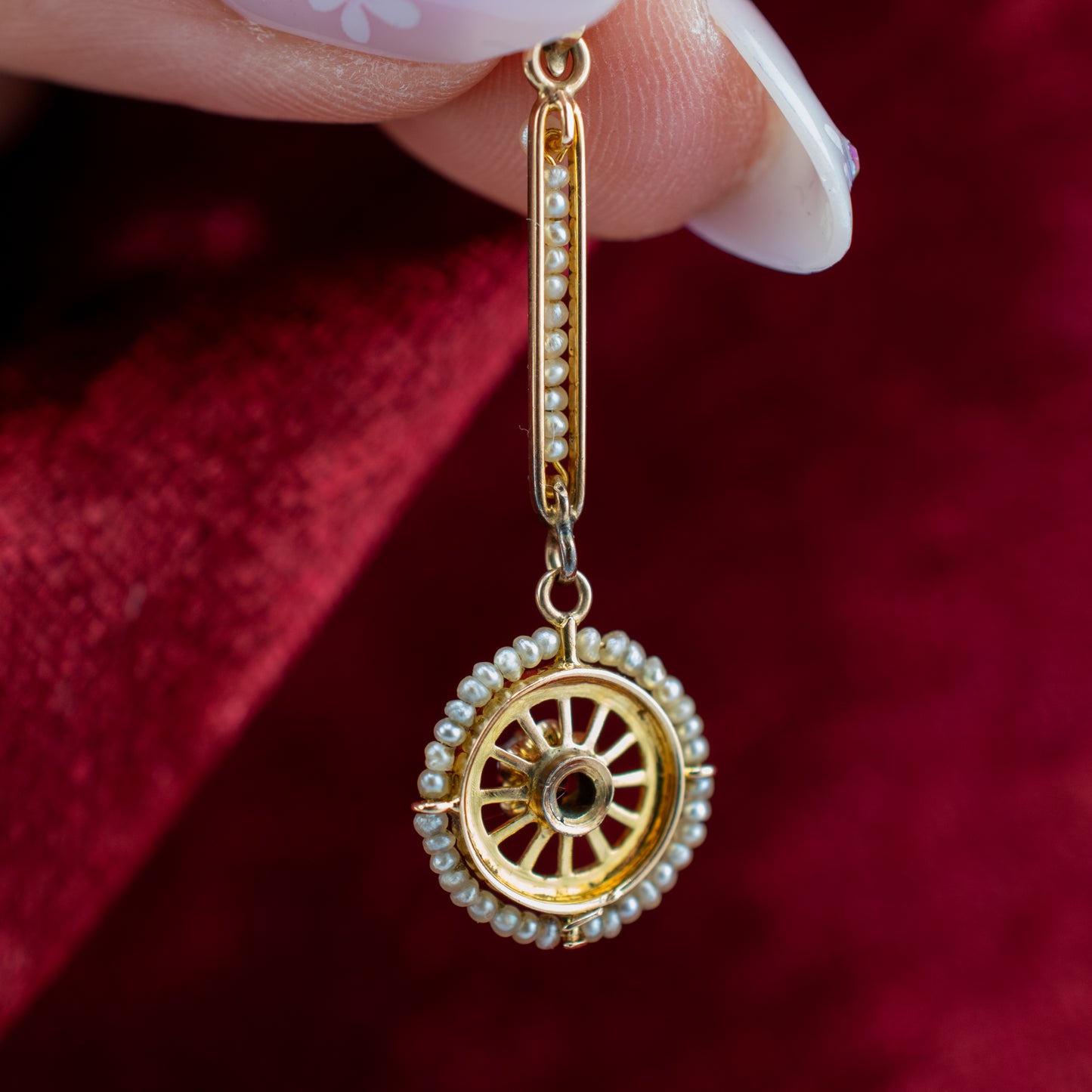 Antique Edwardian 10K Gold Lavalier Pendant Old Mine Cut Diamond Seed Pearl Black Enamel Pendant