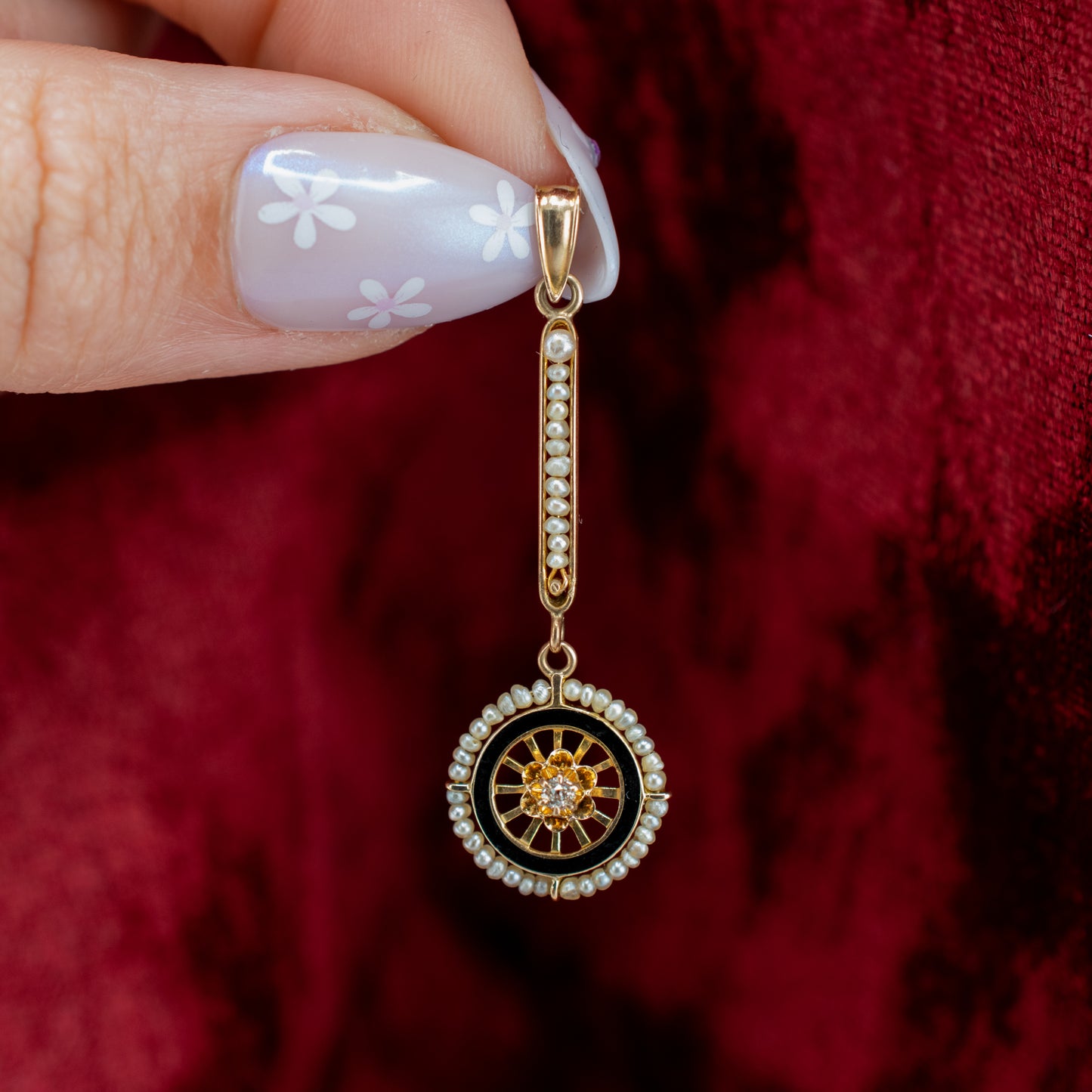 Antique Edwardian 10K Gold Lavalier Pendant Old Mine Cut Diamond Seed Pearl Black Enamel Pendant