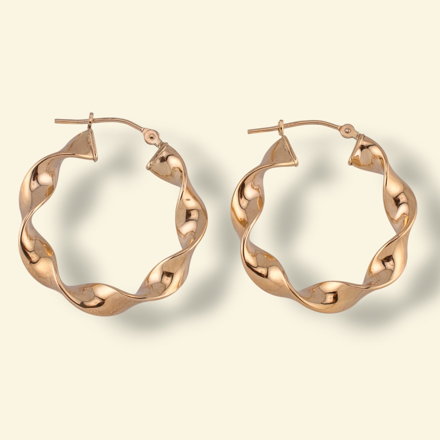 Vintage 14K Yellow Gold Sculptural Twisted Hoop Earrings 25 mm