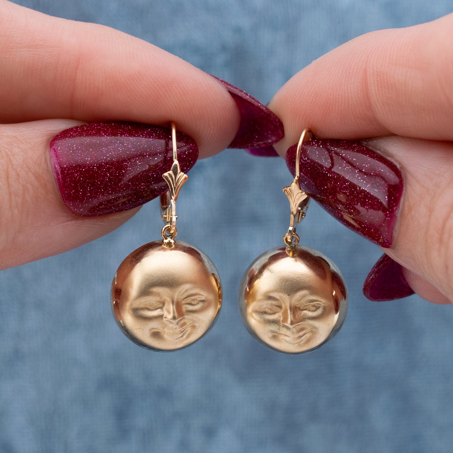 Vintage 14K Gold Full Moon Man in the Moon Leverback Dangle Earrings