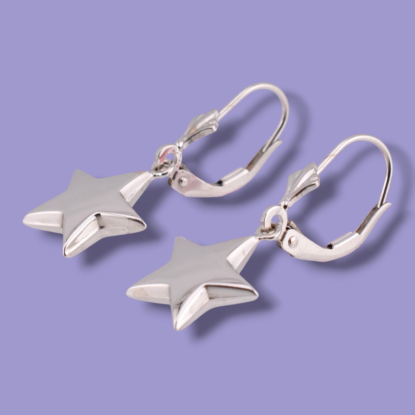 Vintage 14K White Gold Puffy Star Leverback Dangle Earrings