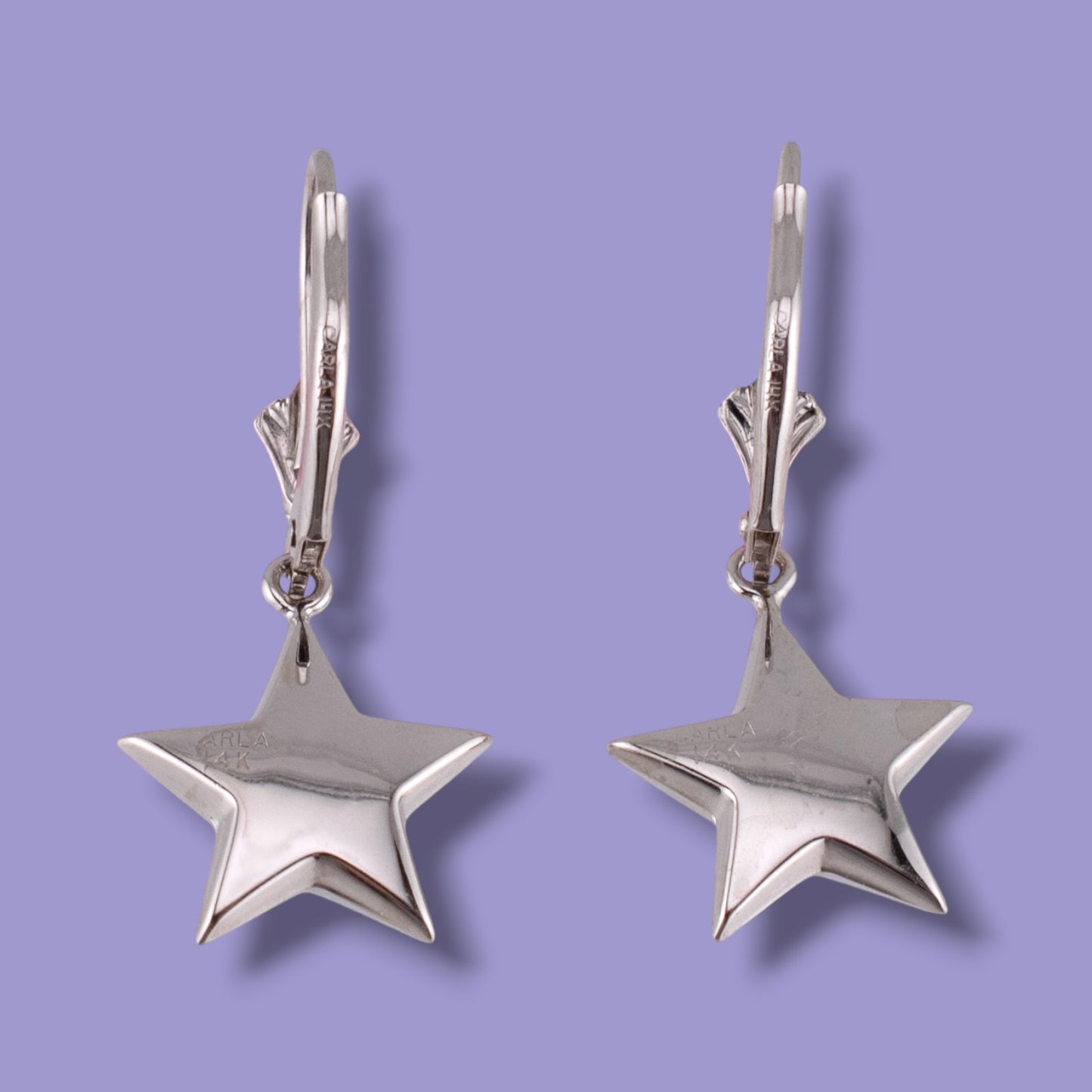 Vintage 14K White Gold Puffy Star Leverback Dangle Earrings