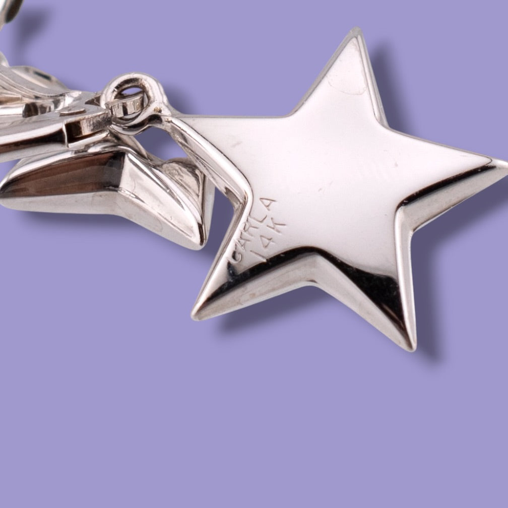 Vintage 14K White Gold Puffy Star Leverback Dangle Earrings