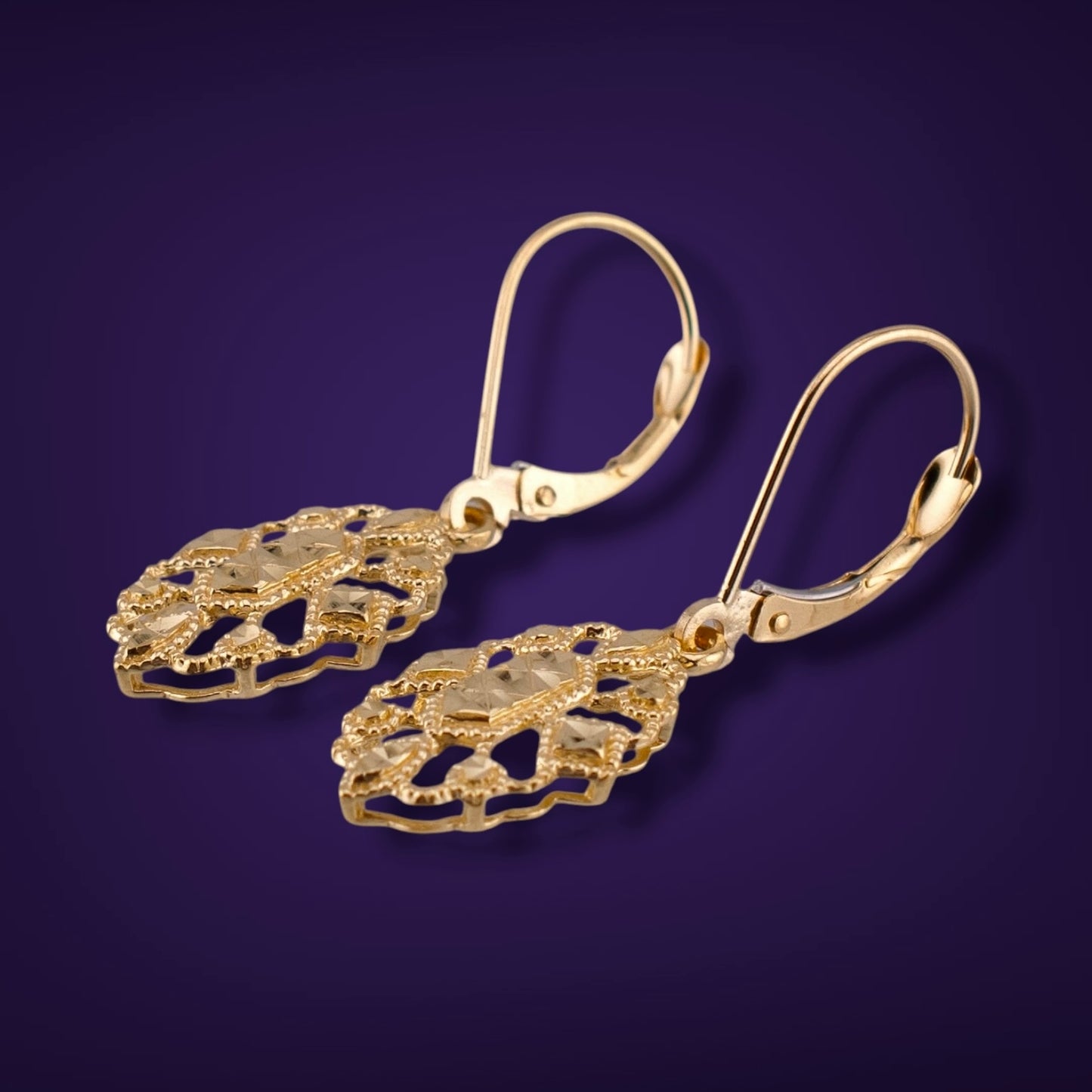 Vintage 14K Yellow Gold Art Deco Inspired Diamond Cut Dangle Earrings