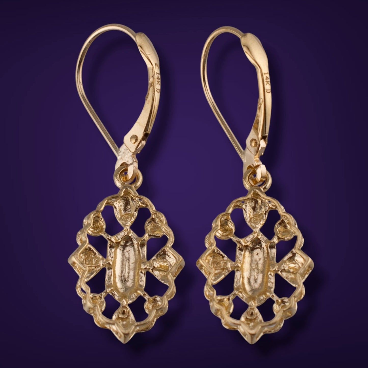 Vintage 14K Yellow Gold Art Deco Inspired Diamond Cut Dangle Earrings