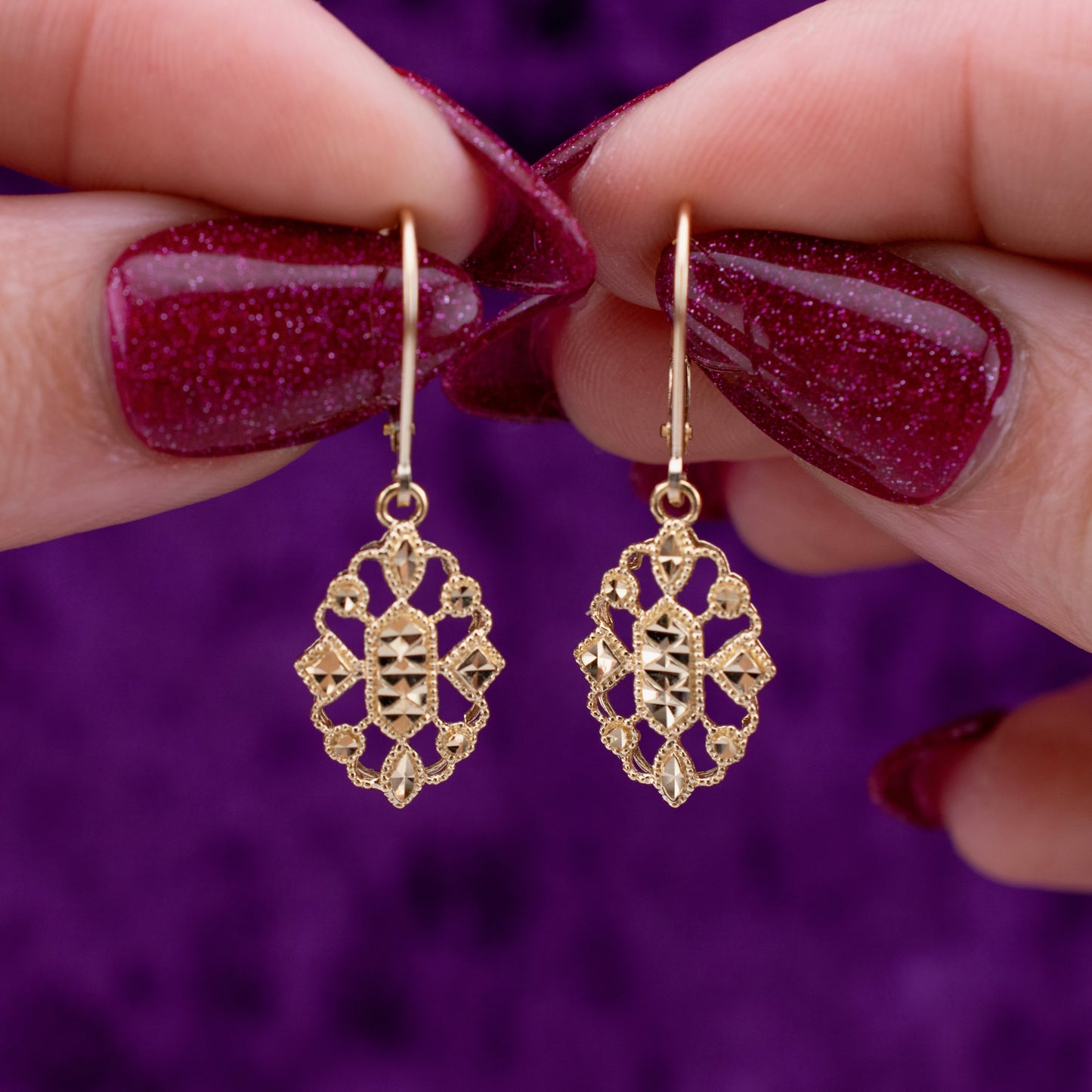 Vintage 14K Yellow Gold Art Deco Inspired Diamond Cut Dangle Earrings
