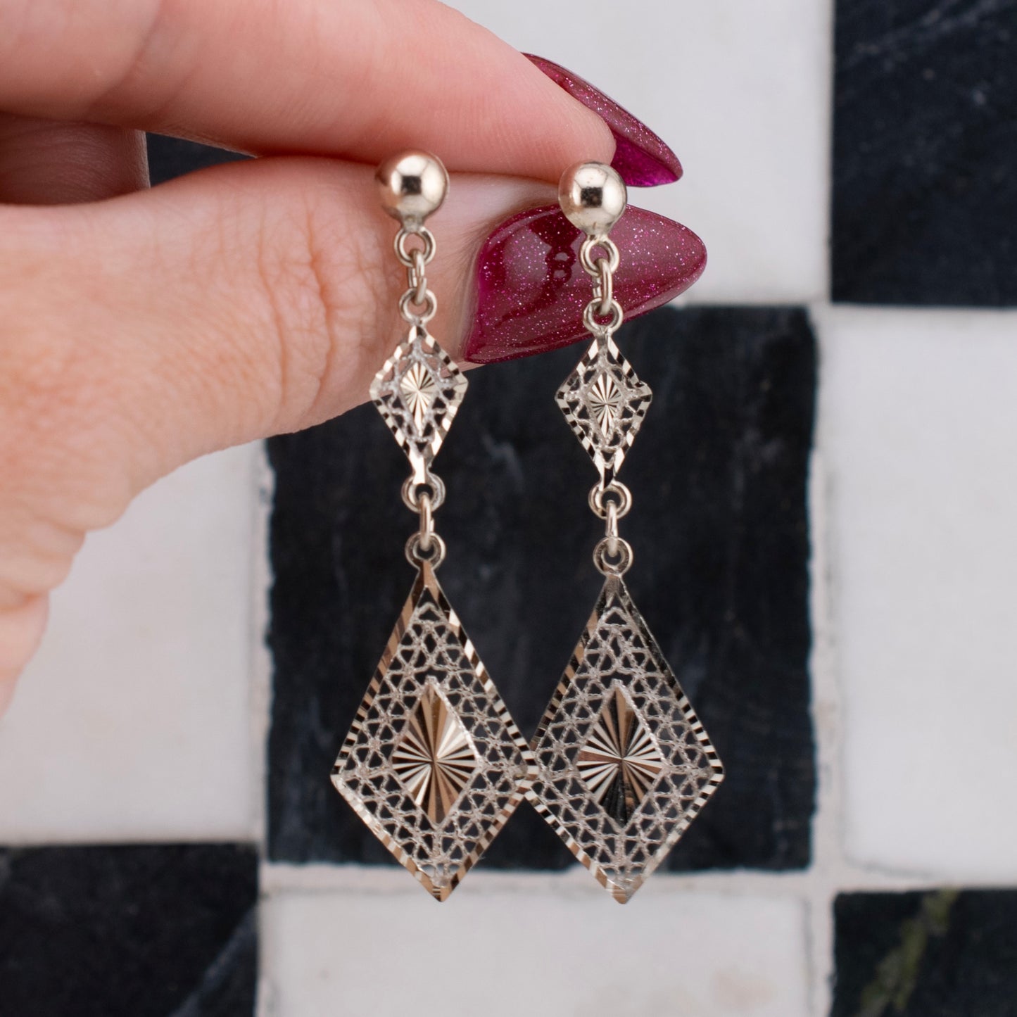 Vintage 14K White Gold Filigree Geometric Dangle Earrings Art Deco Style